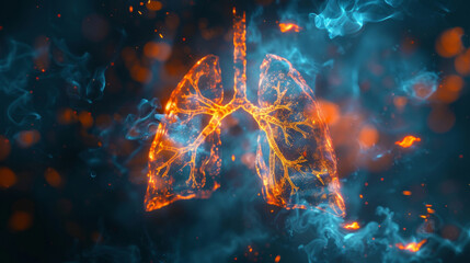 Digital illustration of human respiratory system with glowing bronchi and smoke effect. - obrazy, fototapety, plakaty