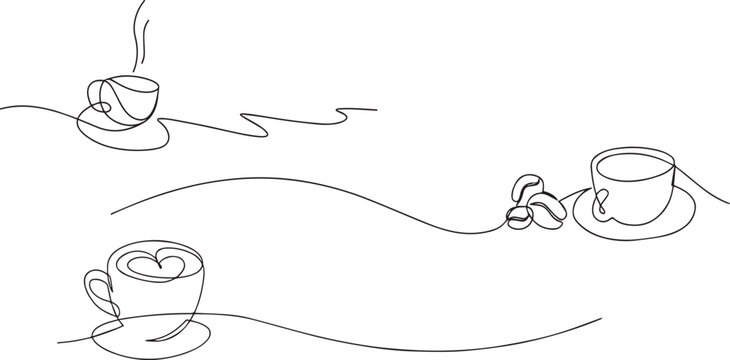 One continuous drawing of cup coffee with heart symbol. Hot drink and mug of tea with love for web banner in simple linear style. Editable stroke. Doodle vector illustration