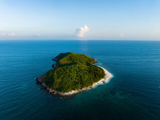 Aerial photography of Jiajing Island, Shimei Bay, Wanning, Hainan, China, in summer evening