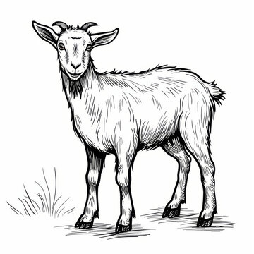 recommend clip art: Black and white illustration of a domestic goat, standing in a relaxed pose, hand-drawn style.
