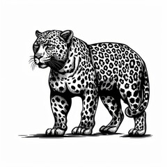 A hand-drawn illustration of a leopard in a striking pose, detailed black and white art.