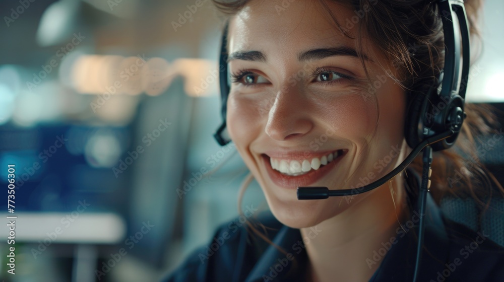 Poster a smiling woman wearing a headset in a call center. ideal for customer service concepts