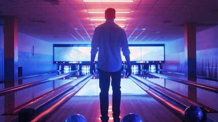 A man standing in front of a bowling alley. Great for sports and leisure concepts