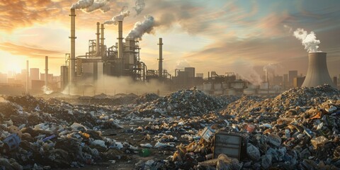 A conceptual image depicting the transformation of waste into energy. Pollution and environmental destruction concept with industrial landscape. - obrazy, fototapety, plakaty