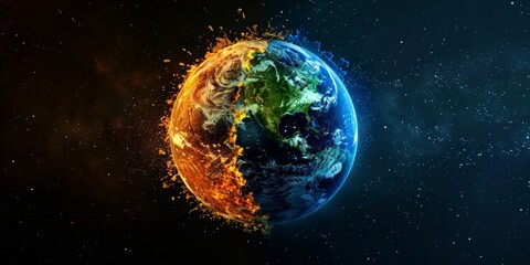 Planet Earth depicted in a dynamic half burning, half flourishing state against a starry space background. Climate change and global environment concept illustration.