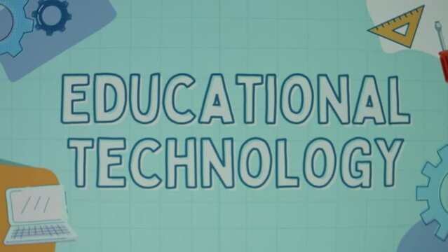 Educational technology inscription on illustrated background. Computer, gears and screwdriver drawings on light blue background. Education concept. Blurred