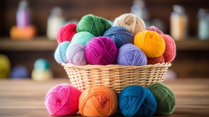 A basket filled with colorful balls of yarn on a wooden table