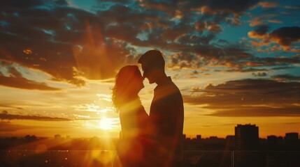 Romantic image of a couple kissing in front of a beautiful sunset. Perfect for love and relationships concepts
