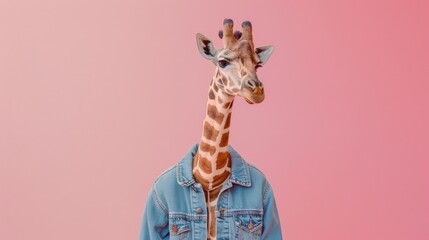 A stylish giraffe in a denim jacket on a pink background. Perfect for fashion and animal lovers - obrazy, fototapety, plakaty