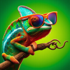 Cool Chameleon: Abstract Vector Art of a Sunglass-Clad Chameleon on a Minimalist Panorama - Digital Faceted Artistry