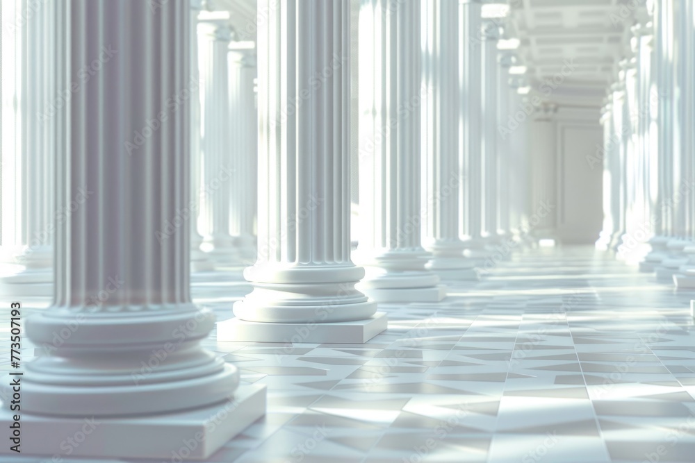 Aufkleber A row of white columns in a room with a checkered floor. Suitable for architectural design projects