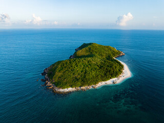 Aerial photography of Jiajing Island, Shimei Bay, Wanning, Hainan, China, in summer evening