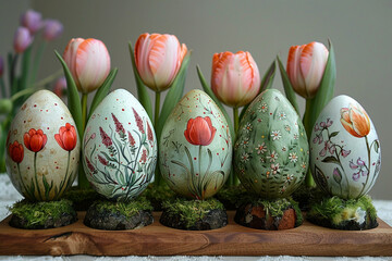 Fototapeta na wymiar A beautiful composition of Easter eggs and tulips in green color.