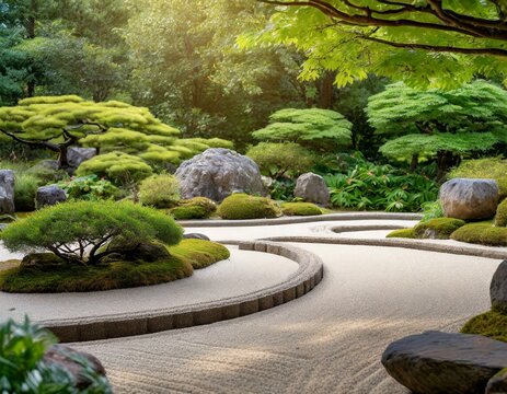 A serene image of a Zen garden with meticulously raked sand patterns