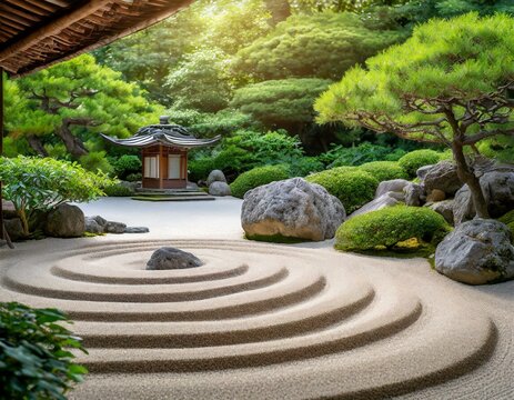 A serene image of a Zen garden with meticulously raked sand patterns