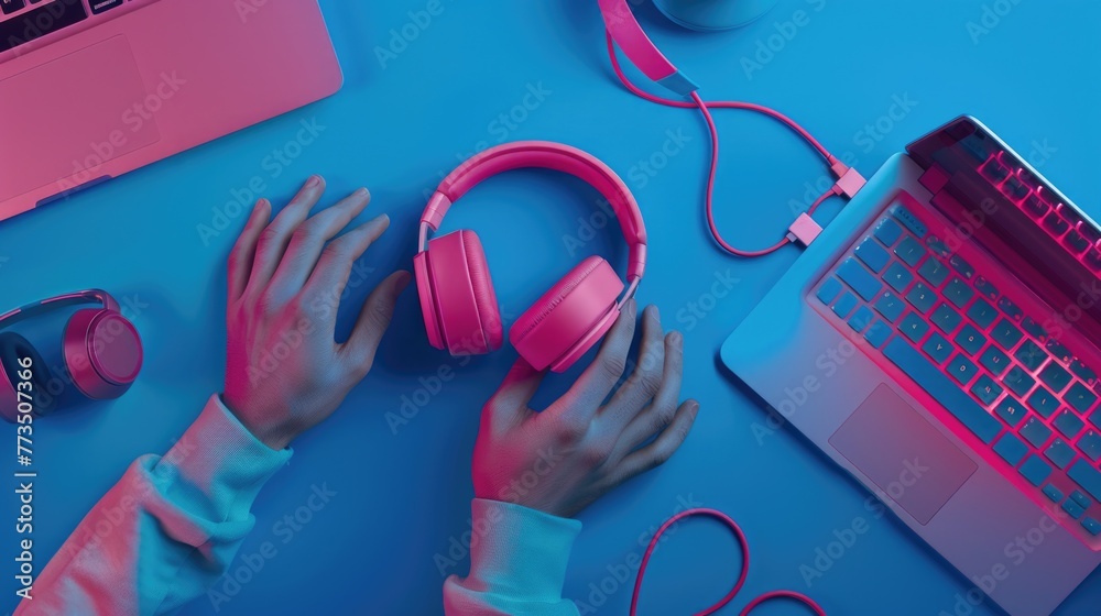 Poster a person wearing headphones using a laptop on a table. suitable for technology and remote work conce