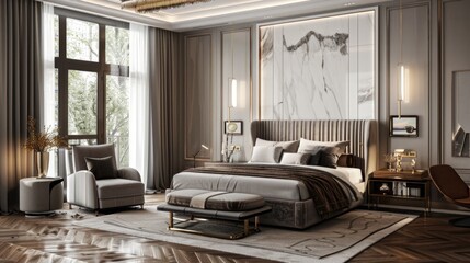 Cozy bedroom with spacious bed and comfortable chair, ideal for interior design concepts