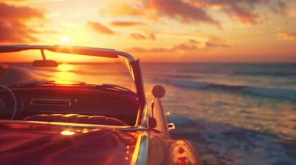 A car driving on the beach at sunset. Suitable for travel and leisure concepts