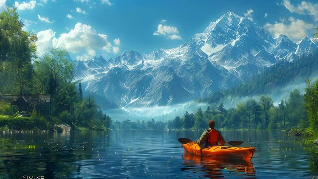 A man in a yellow jacket with a backpack sits on a kayak on the shore of a mountain lake and looks at the mountains