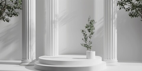 Fototapeta na wymiar A simple white pedestal with a green plant, suitable for various design projects