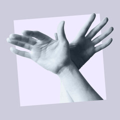 Intertwining of human hands in a square frame.. Emotional position of hands and fingers, gestures. Vector illustration.