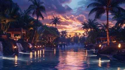 Foto op Canvas Breathtaking Tropical Sunset on Island Paradise with Waterfalls and Reflective Pool © Sittichok