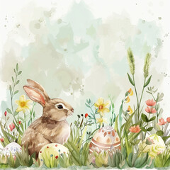 Happy Easter beautiful watercolor card with cute Easter rabbit, eggs, spring flowers in pastel colors. 