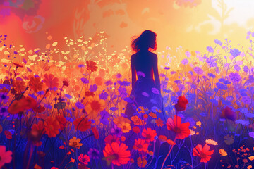 Obraz na płótnie Canvas Silhouette of a woman among flowers.