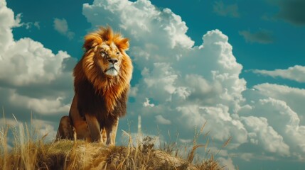 Majestic lion standing on a grass covered hill. Perfect for wildlife and nature concepts - Powered by Adobe