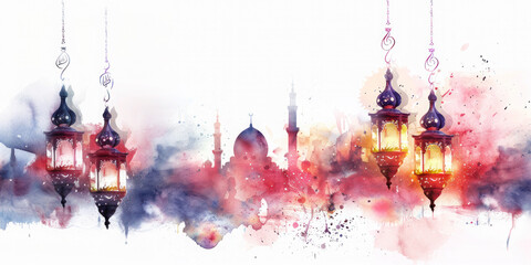 Ramadan Kareem holiday pastel greeting card, crescent moon, lantern, mosque