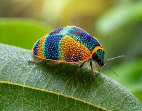 B&eacute;b&eacute;s bestioles color&eacute;s Chrysocoris stollii sur feuilles vertes de macro photographie