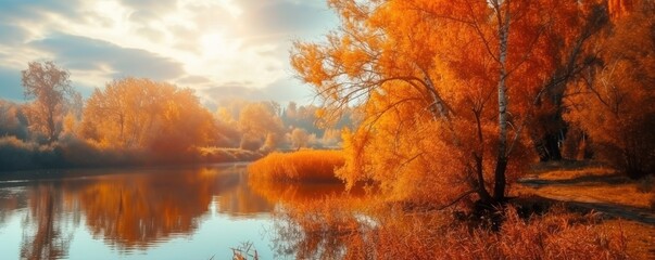 Clean lake landscape surrounded by trees in autumn