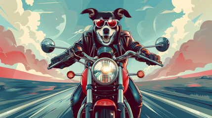 A spirited dog in biker gear embarks on a motorcycle road trip, epitomizing coolness with its sunglasses and leather jacket.