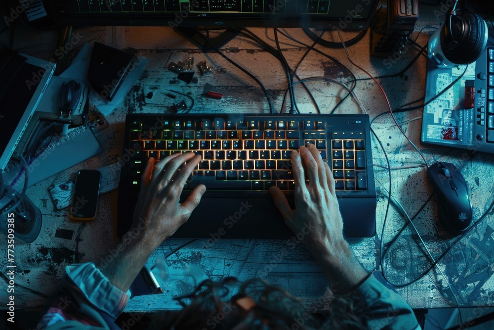 Poster Person typing on a keyboard in a dark room. Suitable for technology concepts