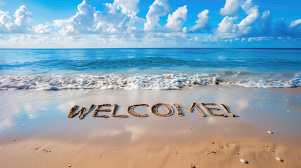 Welcome message on sandy beach with waves. Clear blue sky over tranquil sea with welcome text in sand