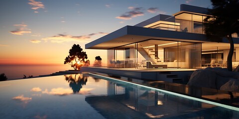 3d rendering of modern cozy house with pool and parking for sale or rent - obrazy, fototapety, plakaty