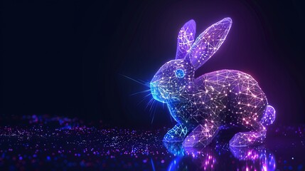 A 3D-rendered rabbit symbol, illuminated by neon purple and blue lights, is presented in wireframe form from a side view against a dark background, complete with a glossy reflection on the surface - obrazy, fototapety, plakaty