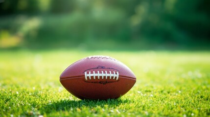 A football is placed on top of a vibrant green field