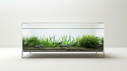 A clear mockup of a rectangular tank, potentially serving as an aquarium or terrarium, stands isolated on a white background, constructed from either glass or plexiglass and supported on a stand - obrazy, fototapety, plakaty