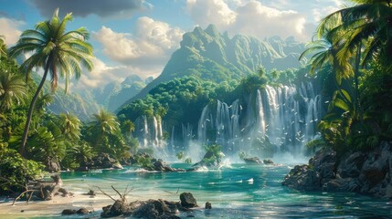 Breathtaking Tropical Island Landscape with Cascading Waterfalls and Lush Palm Trees