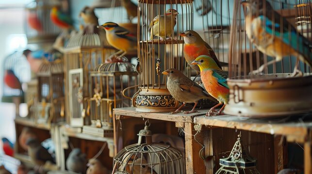 A collection of birds and birdcages is assembled, offering a variety of designs