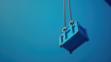 Blue crane suspended from metal chain, suitable for industrial concepts