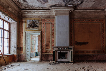 Old majestic abandoned historical mansion Pertovo-Dalnee, Moscow region, inside view