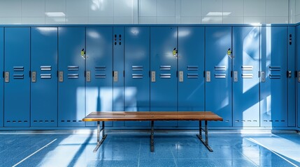 Blue metal storage lockers with an accompanying wooden bench are situated in a locker area, with various doors in different states of open or closed