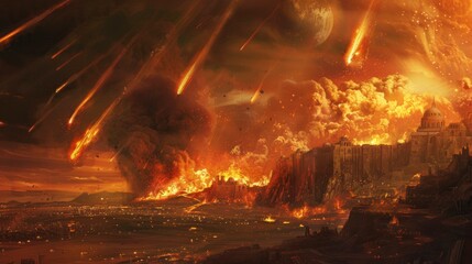 Sodom and Gomorrah destroyed by fiery meteorites falling from the sky in high resolution and high quality. biblical concept
