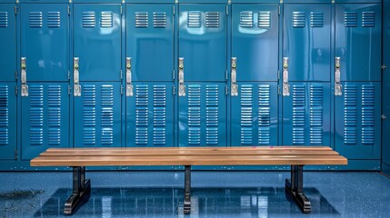 Blue metal storage lockers with an accompanying wooden bench are situated in a locker area, with various doors in different states of open or closed - obrazy, fototapety, plakaty