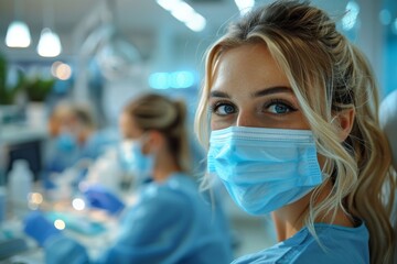 Professional female podiatrist in a medical mask at clinic - obrazy, fototapety, plakaty