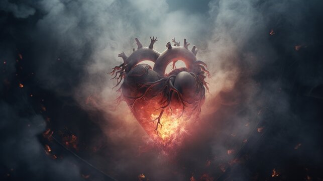  A human heart suspended of smoke