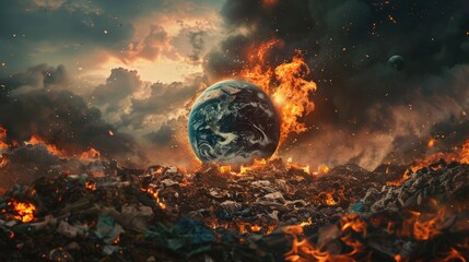 A dramatic image of a burning earth in the sky, suitable for environmental concepts - obrazy, fototapety, plakaty