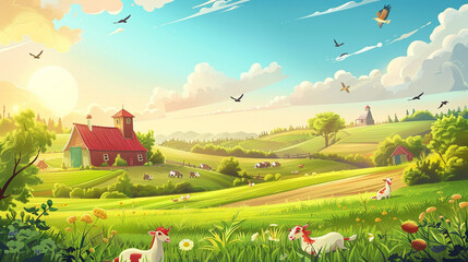 A charming countryside farm bustling with cute farm animals and chirping birds, portrayed in a delightful cartoon vector illustration - obrazy, fototapety, plakaty